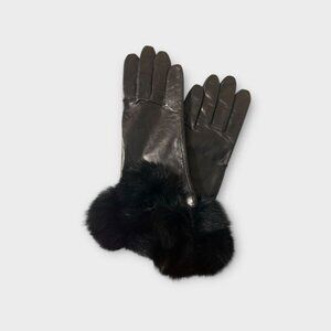 Leather Fur Trimmed Gloves Black Women XL Pom Pom EUC Classic Winter Glam EUC
